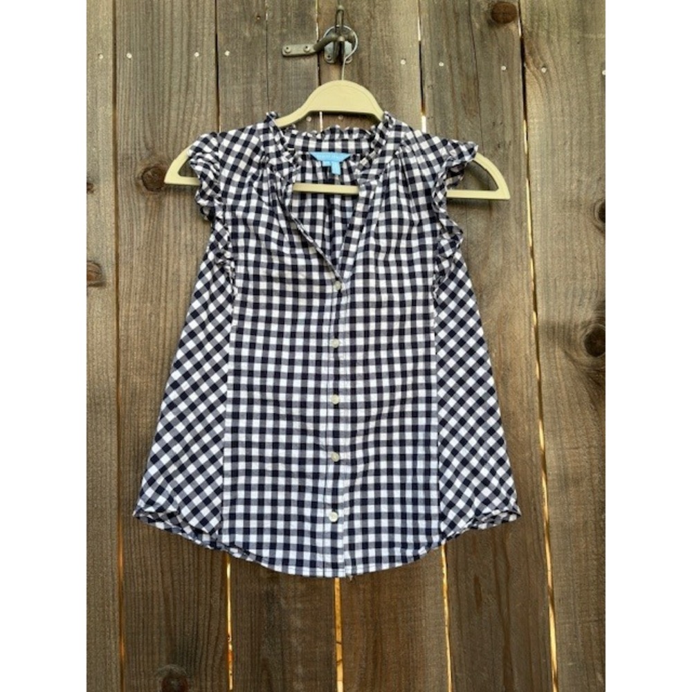 Draper James Womens Top XS Black White Gingham Ruffle Sleeveless Blouse